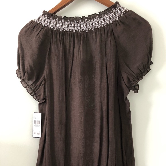 AGB Embroidered Short Sleeve Blouse In Brown & White Size M - Picture 4 of 9